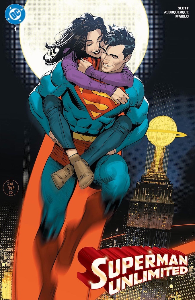 Superman Unlimited 1 Cover by Dan Mora, showing Clark as Superman carrying Lois on his back as they fly past the Daily Planet